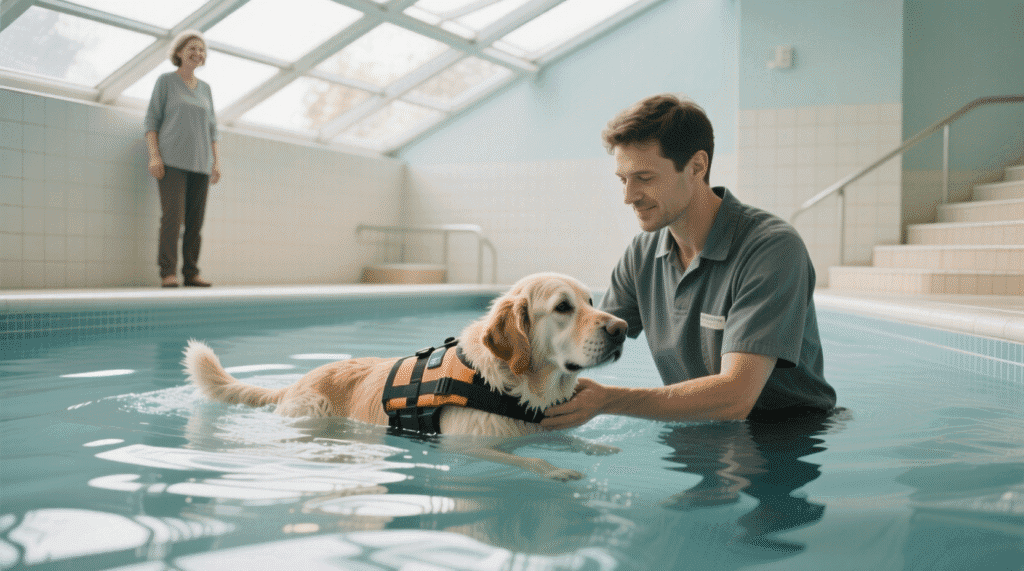 Un chien âgé en séance d’hydrothérapie pour soulager son arthrose