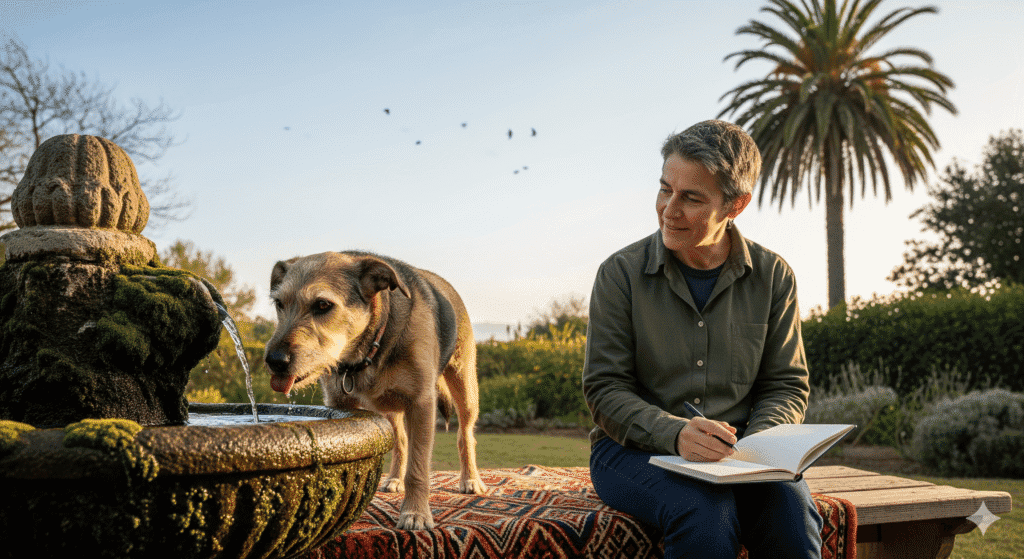 Chien âgé qui boit beaucoup dans un jardin – Chiensenior