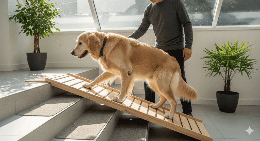 Aides à la mobilité pour chien âgé dans un intérieur moderne – Chiensenior