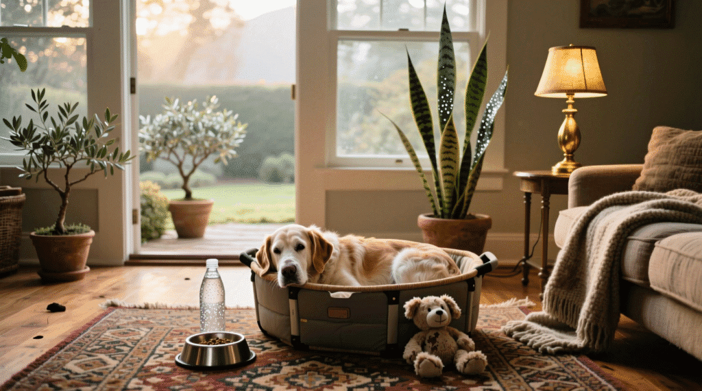 Coin repos pour chien âgé – panier, gamelle, lumière douce – Chiensenior