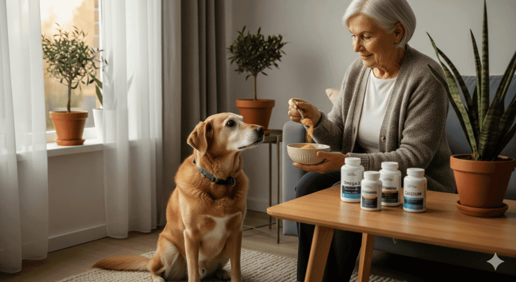 Compléments alimentaires pour chien âgé dans un intérieur moderne – Chiensenior