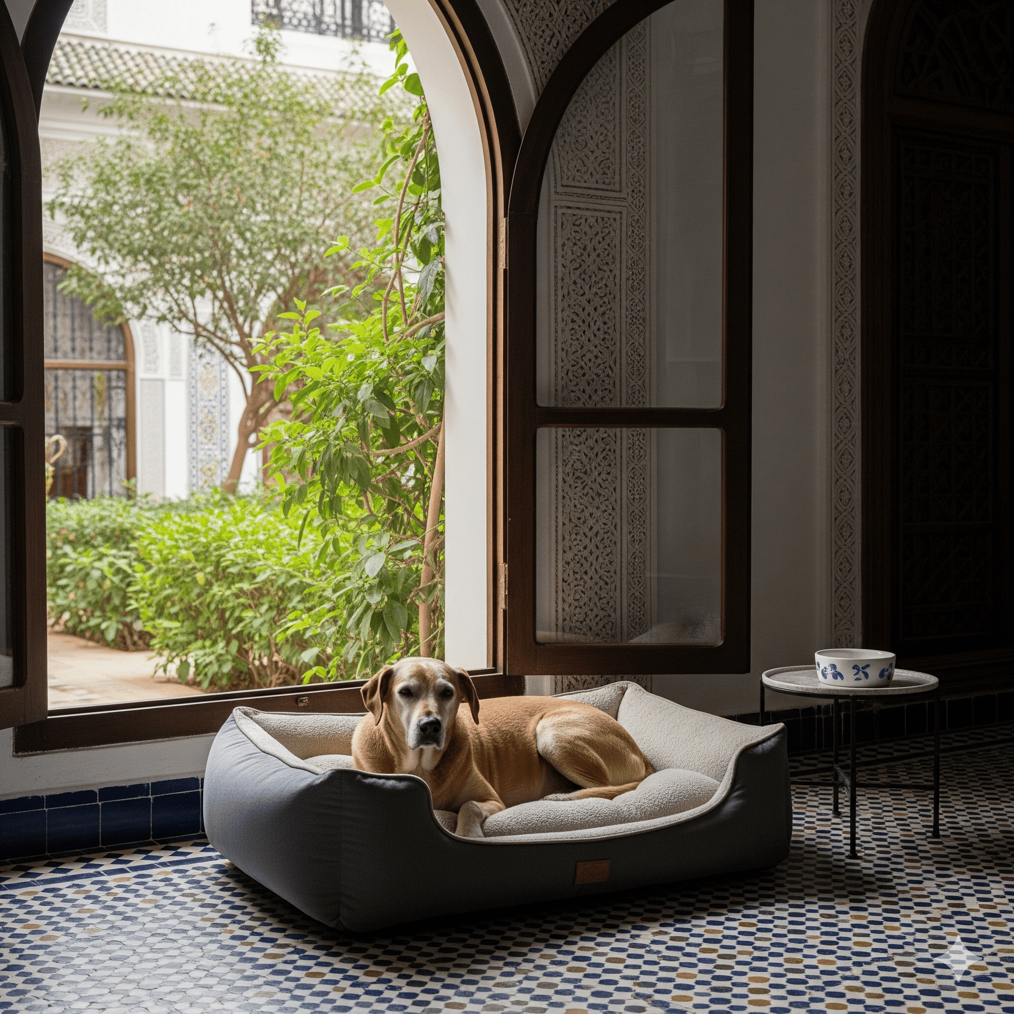 Un chien âgé se repose confortablement dans un panier orthopédique de qualité, mettant en lumière les accessoires de bien-être pour chiens seniors sur Chiensenior.