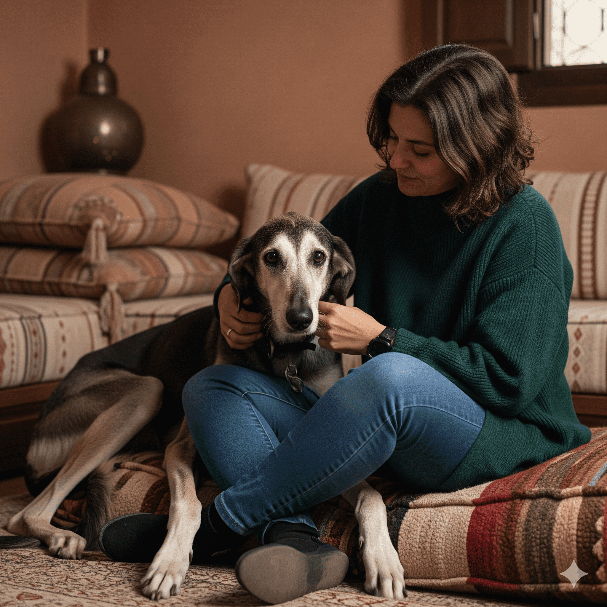 Clara Moreau réconforte un chien âgé qui se blottit contre elle, symbolisant la gestion du comportement et de l'anxiété du chien senior sur Chiensenior.