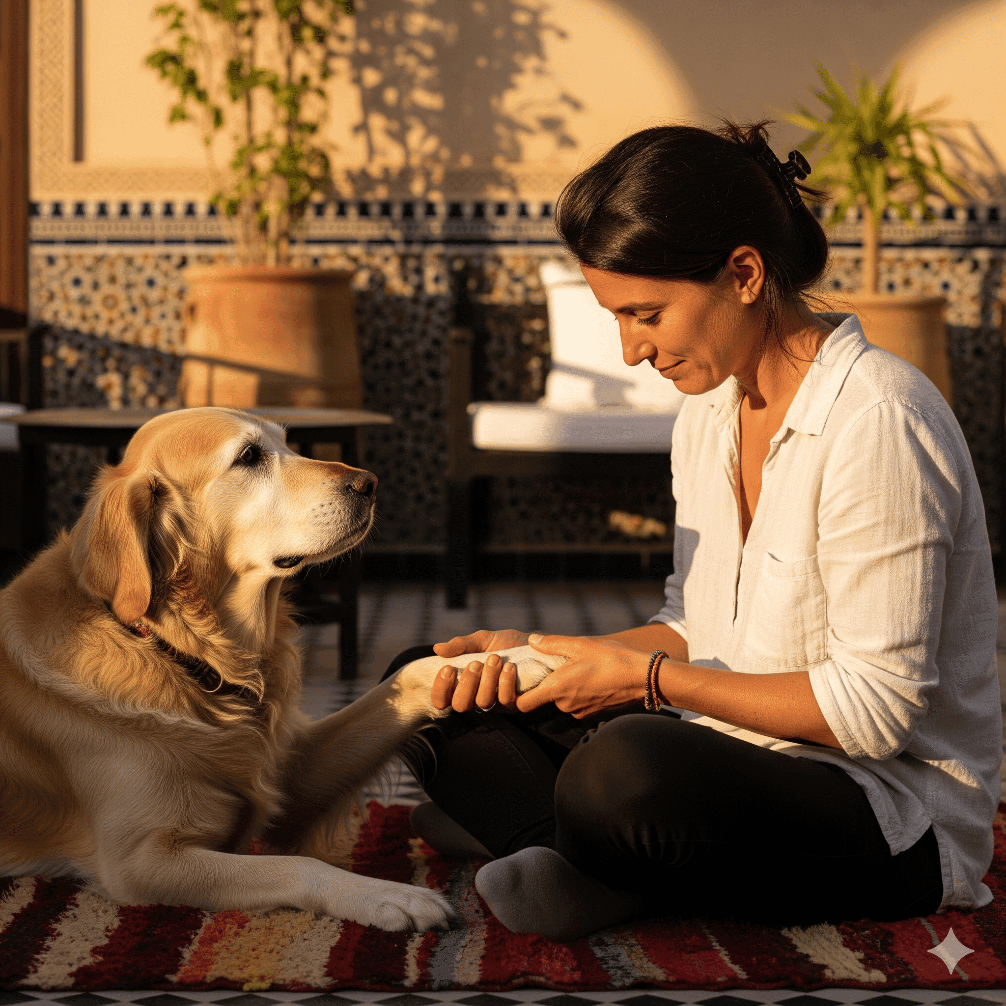 Clara Moreau, experte Chiensenior, examine doucement la patte d'un chien âgé dans un riad marocain, illustrant les soins de santé et le bien-être canin.