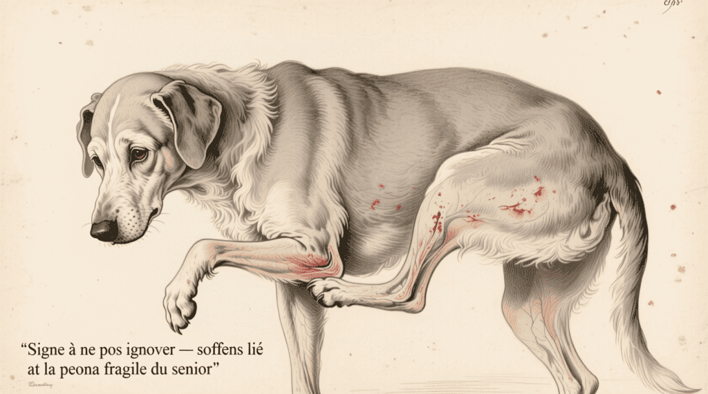 Un chien âgé se gratte doucement la hanche — signe à ne pas ignorer, souvent lié à la peau fragile du senior.