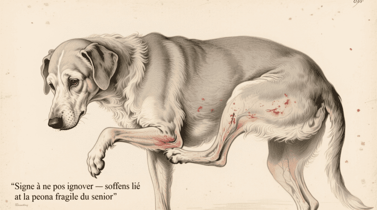 Un chien âgé se gratte doucement la hanche — signe à ne pas ignorer, souvent lié à la peau fragile du senior.