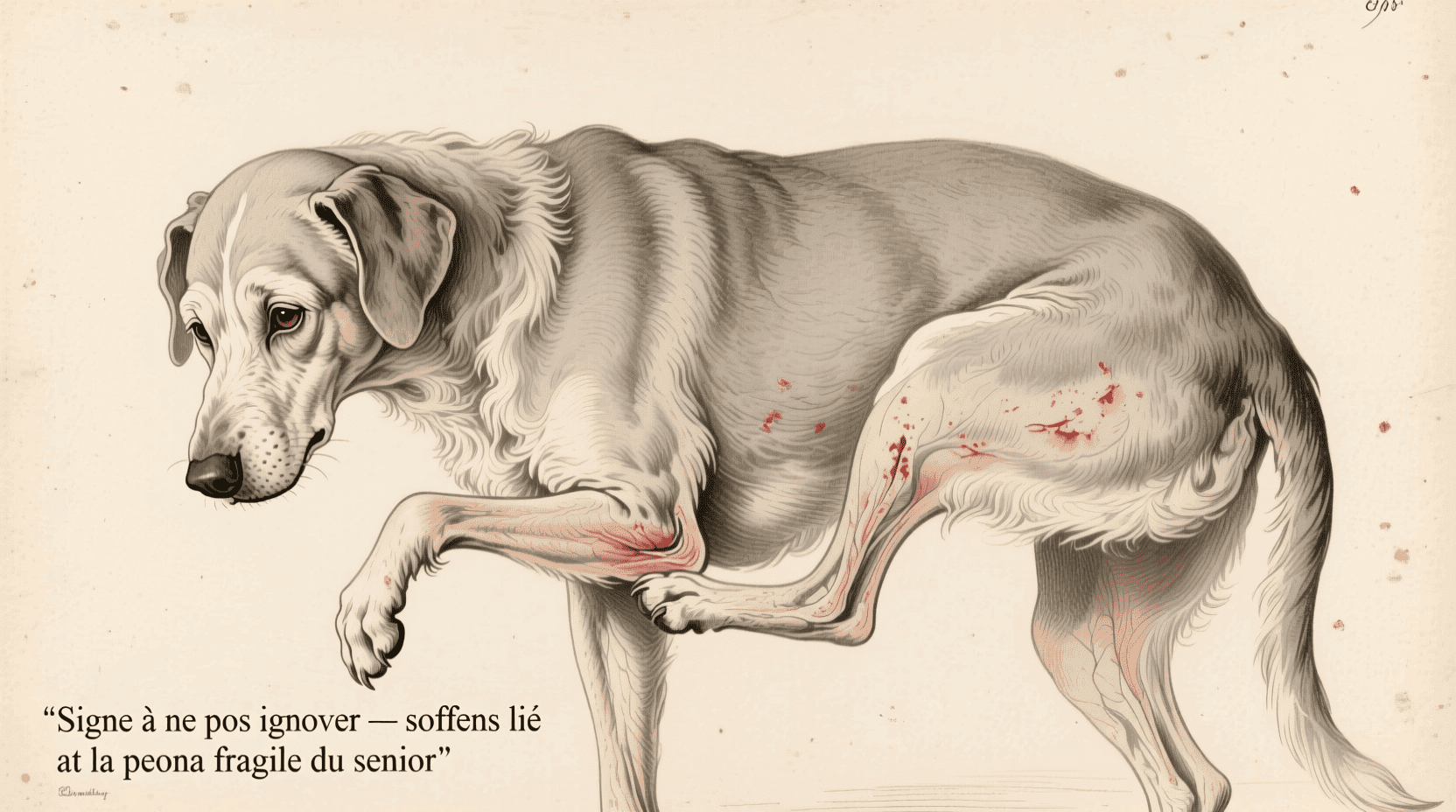 Un chien âgé se gratte doucement la hanche — signe à ne pas ignorer, souvent lié à la peau fragile du senior.