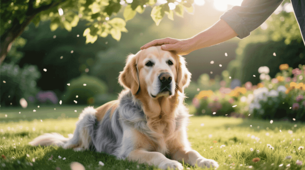 Un chien âgé regarde calmement l’objectif, yeux légèrement laiteux — signe à ne pas ignorer, mais à comprendre avec précision.
