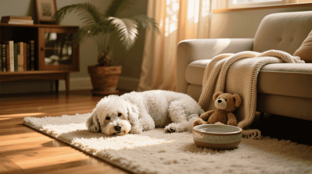 coin repos chien senior — espace calme, sécurisant et confortable