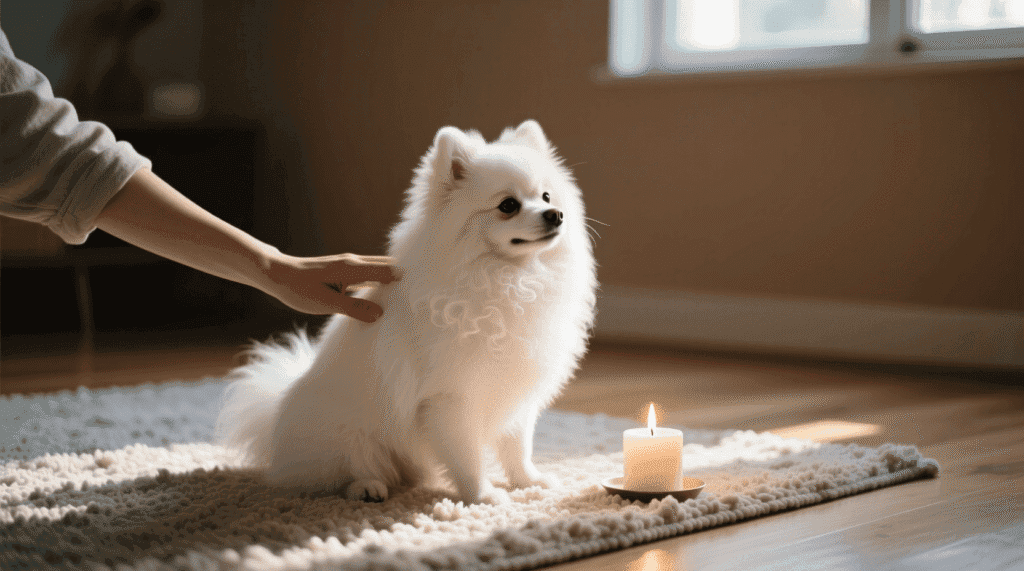 Un propriétaire caresse doucement son chien âgé, assis près d’une bougie allumée — anniversaire célébré dans le silence, le respect et l’amour.