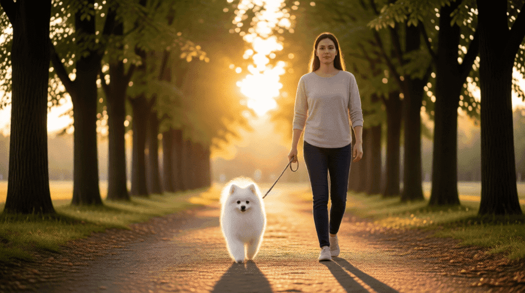 Un propriétaire marche lentement avec son chien âgé au lever du soleil — pas pressés, présents, connectés au monde.