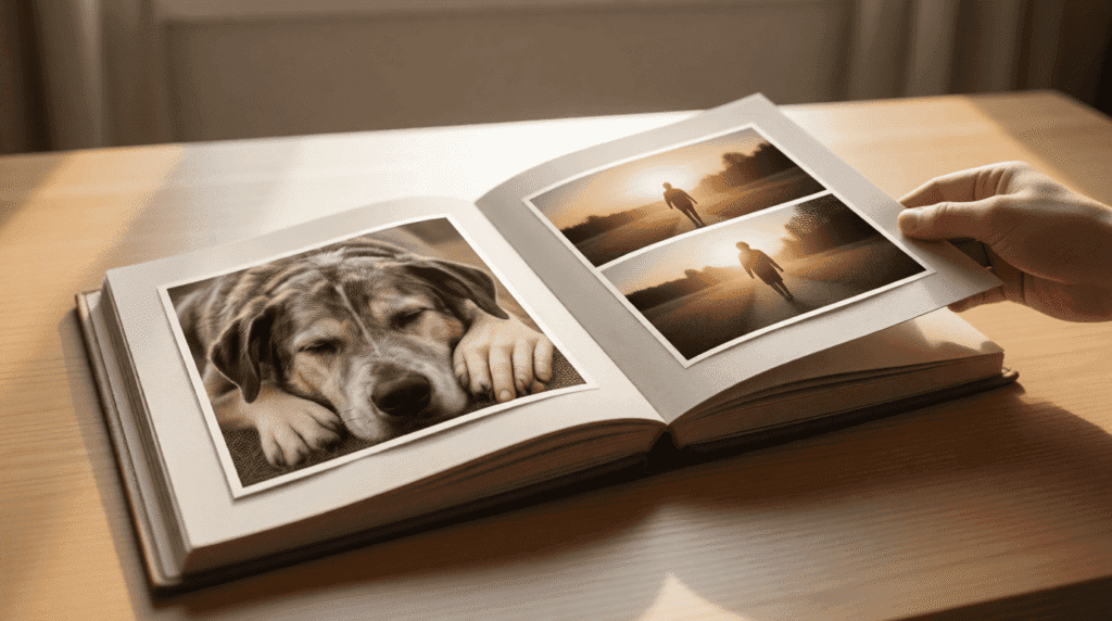 Un album ouvert sur une table, montrant des photos simples : un regard, une promenade, un moment de repos — souvenirs vivants, non posés.