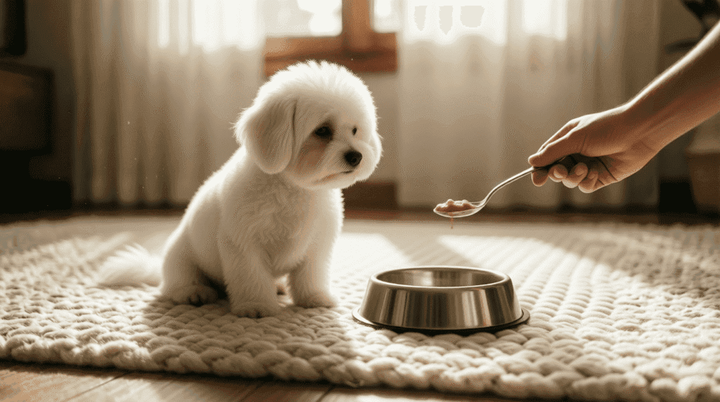 Un propriétaire observe calmement son chien âgé près de sa gamelle — vigilance bienveillante, pas de panique.