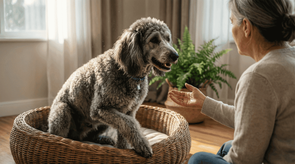 Un chien âgé commence à se lever lentement, pattes arrière flageolantes — moment de fragilité, besoin de patience.