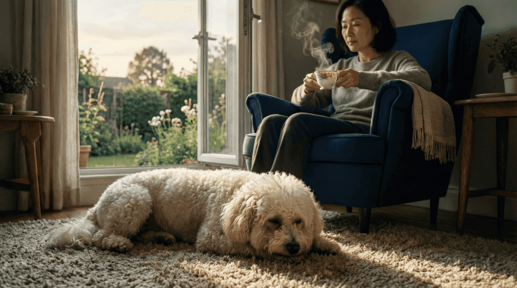 Un chien âgé repose paisiblement près de sa propriétaire assise dans un fauteuil — lumière du jour naissant, silence partagé, lien intime.