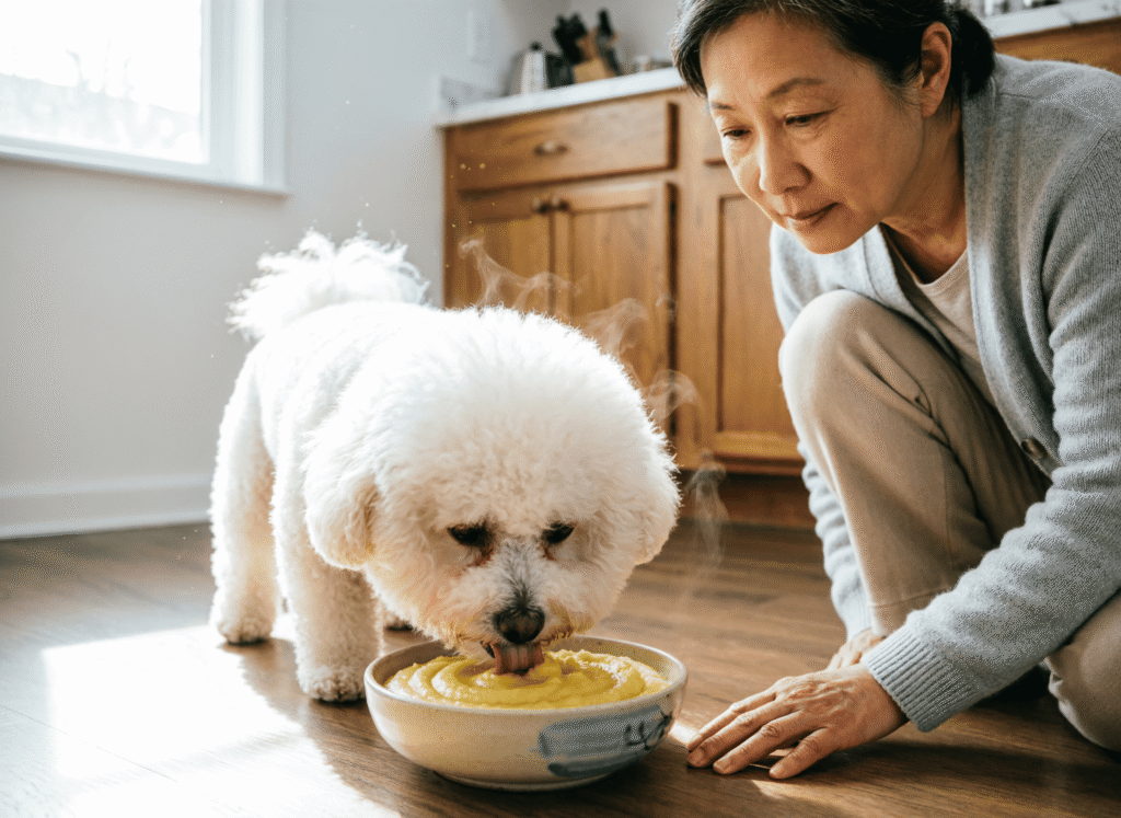 Un bol rempli d'une purée dorée de poulet, carotte et riz, posé près d'un vieux caniche qui mange lentement — texture douce, effort minimal.