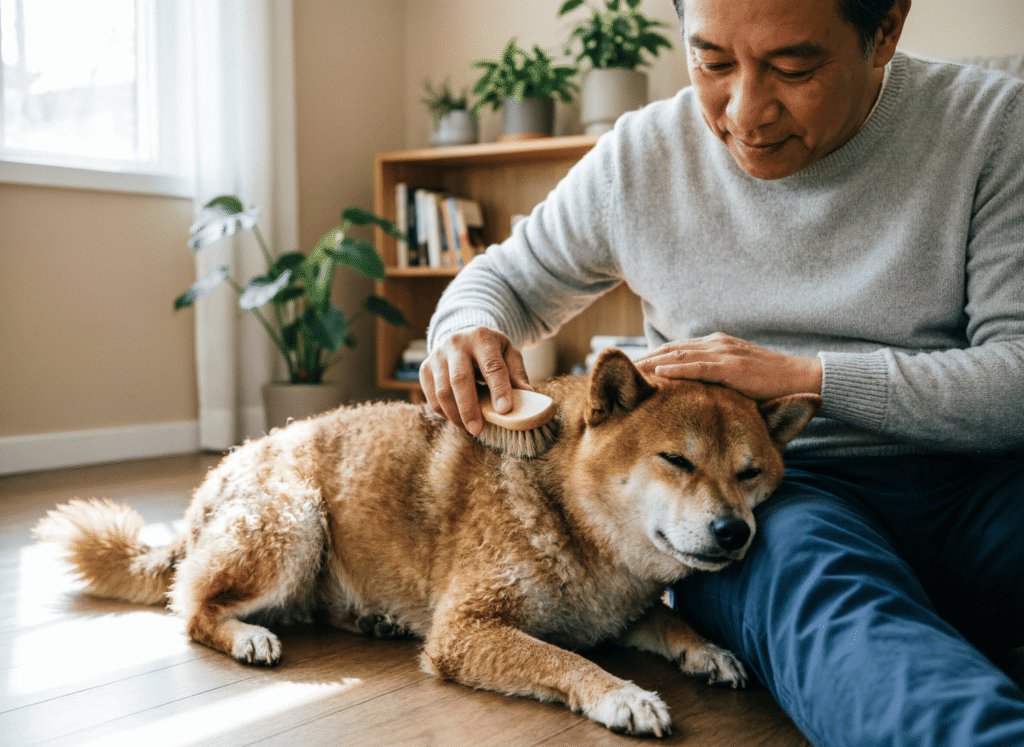 toilettage chien senior stress — geste doux, pas forcé