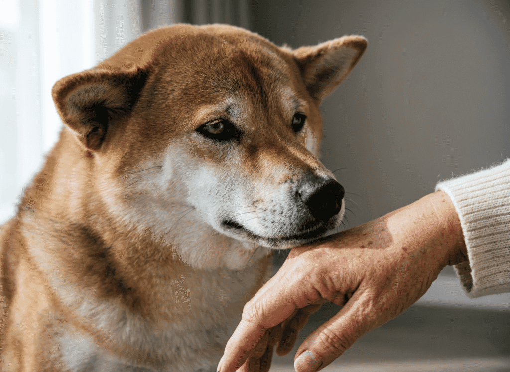 Un chien âgé renifle lentement la main de sa propriétaire — geste prolongé, recherche olfactive, lien en transformation.
