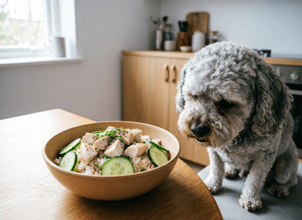 Un bol rempli d'une salade de poulet, concombre et riz, posé près d'un vieux caniche qui mange calmement — repas frais, effort digestif réduit.