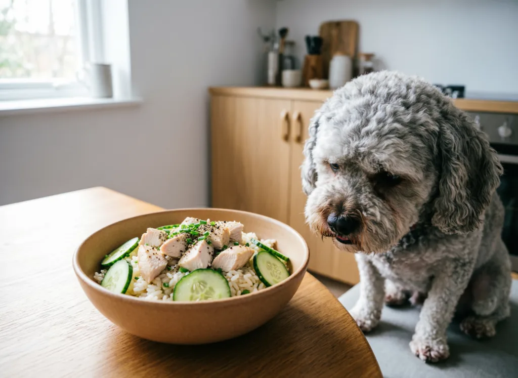 Un bol rempli d'une salade de poulet, concombre et riz, posé près d'un vieux caniche qui mange calmement — repas frais, effort digestif réduit.