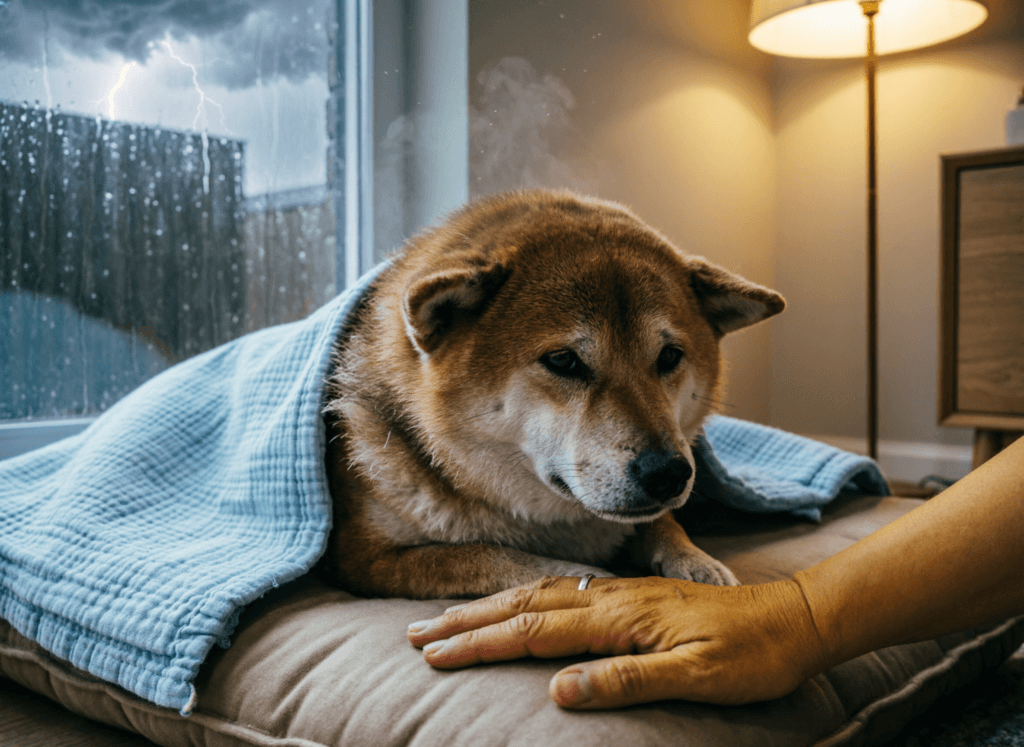 Un chien âgé repose calmement dans un coin sécurisé pendant un orage, avec une couverture familière et une main apaisante posée près de lui.