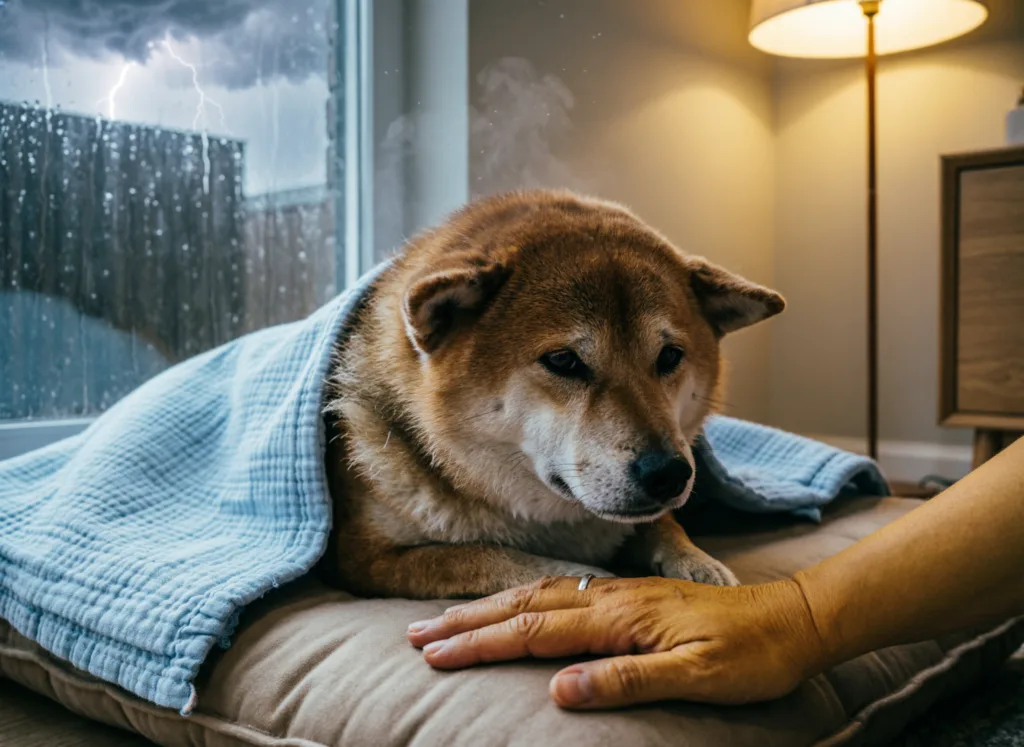 Un chien âgé repose calmement dans un coin sécurisé pendant un orage, avec une couverture familière et une main apaisante posée près de lui.
